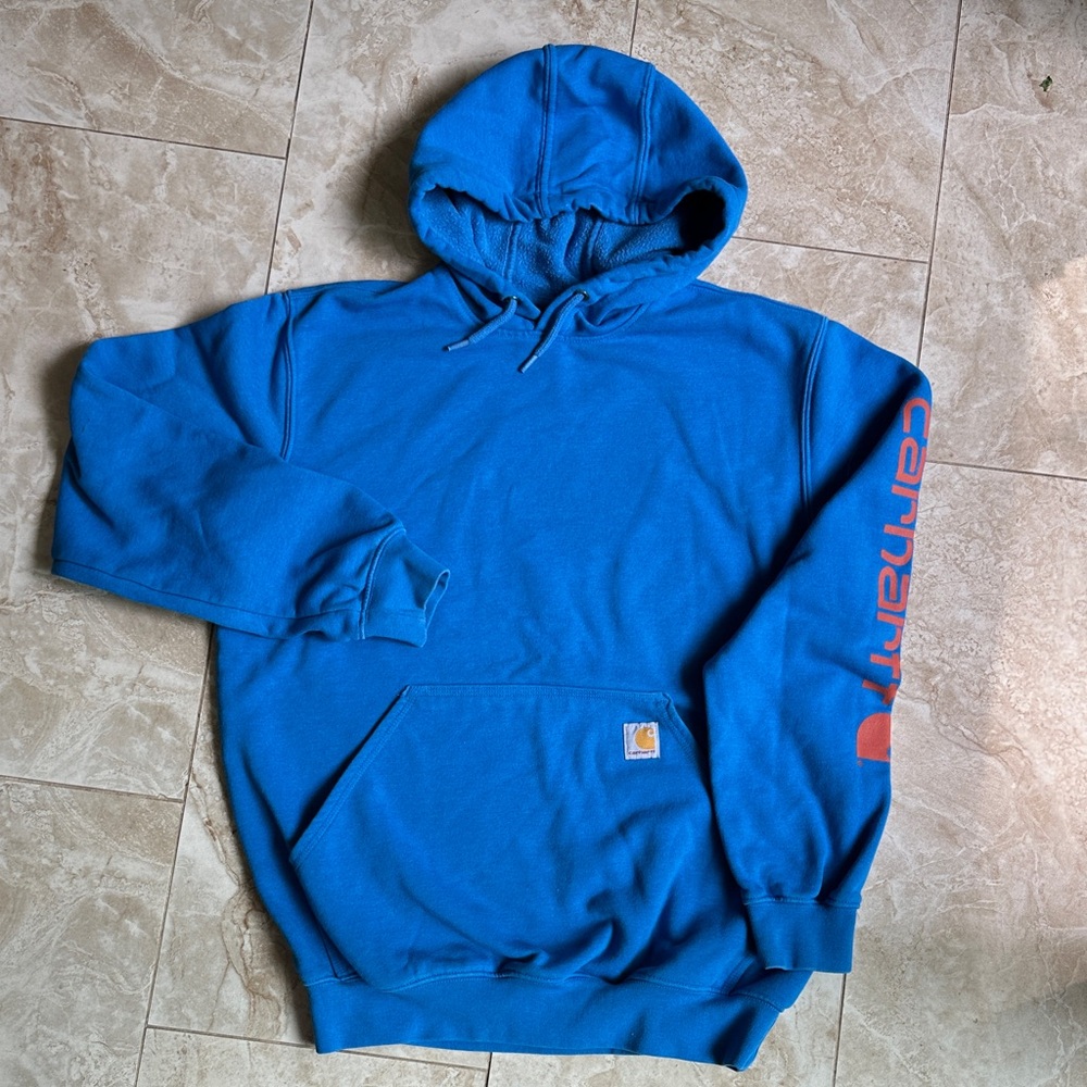Carhartt Men's Medium Loose Fit Bright Blue Hoodie with Burnt Orange Logo